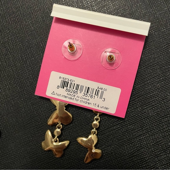 Betsy Johnson Butterfly Crystal Dangle Earrings Purple / Gold NWT - Picture 2 of 2